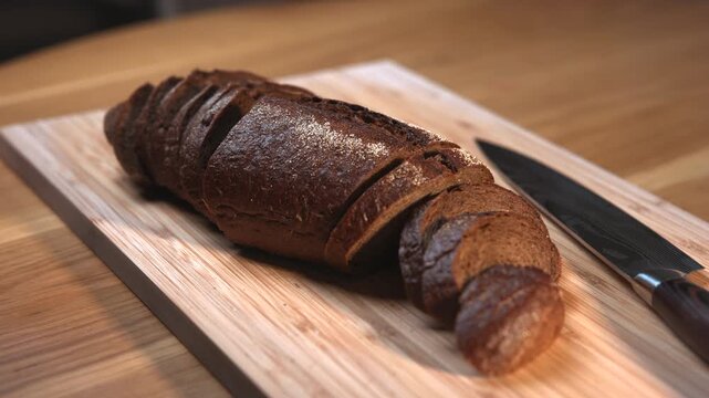 Sliced dark rye bread loaf on a wooden cutting board. Media