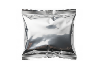 Shiny silver foil pouch packaging mockup isolated for product display transparent background