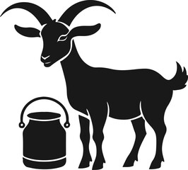 Goat silhouette with milk pail icon bundle, white background, clean black outline, dairy farm concept minimal vector 1
