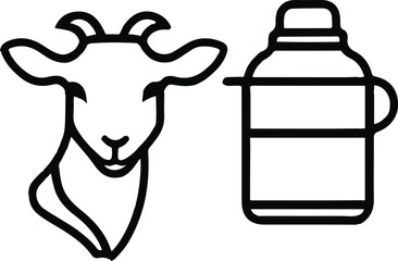 Goat silhouette with milk pail icon bundle, white background, clean black outline, dairy farm concept minimal vector 3