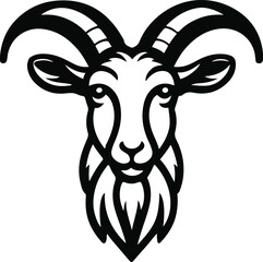 Goat with curved horns and beard outline, clean contour, white background, elegant minimal farm icon, no texture 2