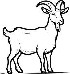Standing goat outline, smooth contour lines, white background, natural pose, minimal rural farm animal vector, no shading
