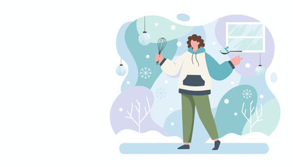 A person baking indoors during winter holding a whisk and spoon with ingredients Cozy culinary activity