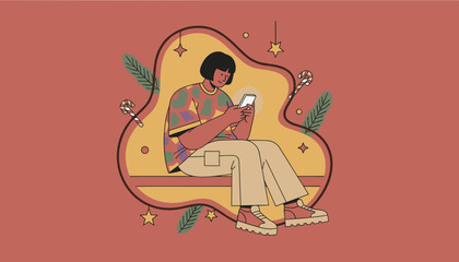 Person using mobile phone surrounded by festive candy canes and stars Digital communication illustration