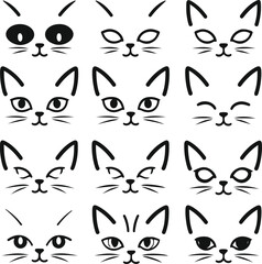Cat face variations icon set, different eye shapes, whisker styles, ear positions, black outline, white background, clean minimal pet expression pack 1