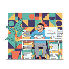 Stressed employee overwhelmed by massive paperwork and deadlines showing work crisis and burnout