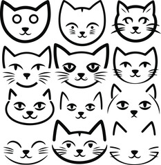 Cat face variations icon set, different eye shapes, whisker styles, ear positions, black outline, white background, clean minimal pet expression pack 3