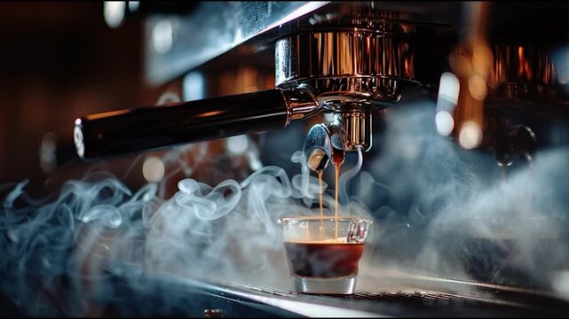 A close-up of a coffee machine brewing espresso, with steaming coffee pouring into a glass cup, showcasing rich textures and warm colors.
