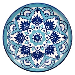 Top view of a traditional Moroccan-style ceramic plate with intricate blue and white floral mandala designs, isolated on a white background.