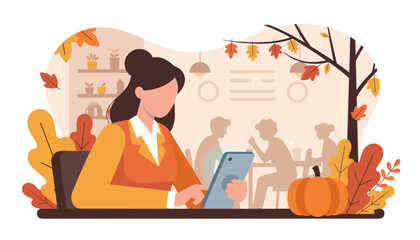 Businesswoman working on a phone in an autumnthemed cafe blending technology and seasonal charm