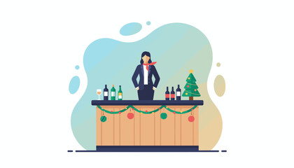 Bartender at a festive holiday party counter with wine bottles and Christmas tree Flat vector art