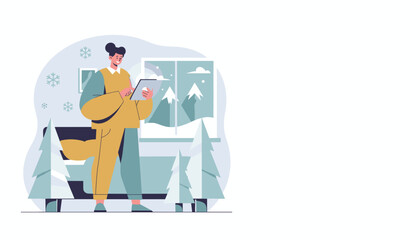 Cozy winter leisure Woman uses tablet indoors with a mountain snow view