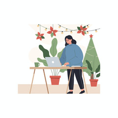 Stressed woman works on laptop during holidays facing deadline burnout