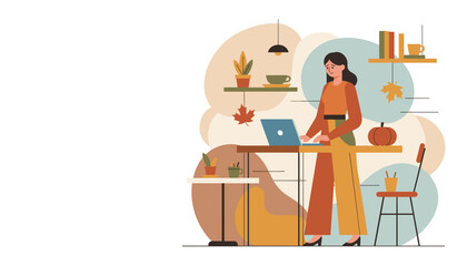 Stressed woman works on a laptop in a cozy autumn home office dealing with freelance burnout