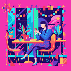 Woman using smartphone and laptop in a vibrant festive cafe setting Work lifestyle and holiday concept