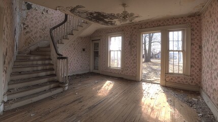 Dilapidated room w/ floral wallpaper, staircase, sunlight, abandoned interior