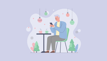 Elderly man uses phone at cafe table with holiday decor Digital connectivity and leisure concept