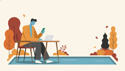 Remote work in autumn Man using smartphone and laptop outdoors by the pool Freelance lifestyle