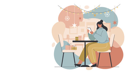 Festive woman textsshops online in a cozy winter setting with gifts