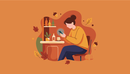 Woman relaxing in autumn cafe checking smartphone Cozy fall technology and leisure illustration