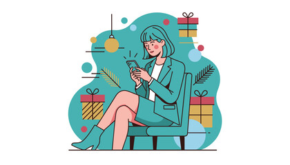 Professional woman shopping online with smartphone amidst holiday gifts and decorations