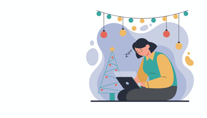 Holiday burnout Tired woman sleeping at laptop near a decorated Christmas tree