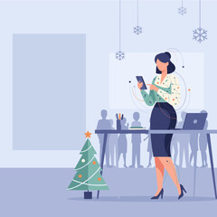 Businesswoman uses a smartphone in an office decorated for Christmas and winter holidays