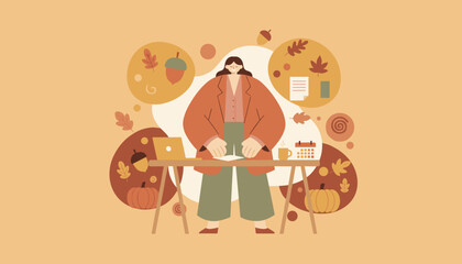 Autumn professional woman working at desk with laptop calendar and seasonal dcor