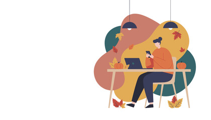 Remote working in a cozy autumn setting Woman uses laptop and phone surrounded by fall leaves