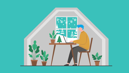 Remote worker in a winter home office with Christmas decorations and snow falling outside