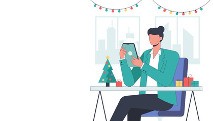 Festive office work Employee using technology near a Christmas tree and gifts