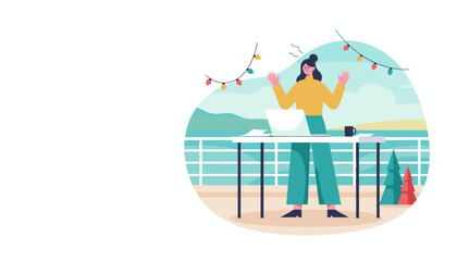 Remote work stress Frustrated woman working on laptop outside during the holidays