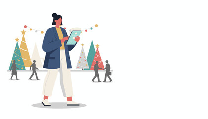 Professional woman using tablet in a festive snowy city square with Christmas trees