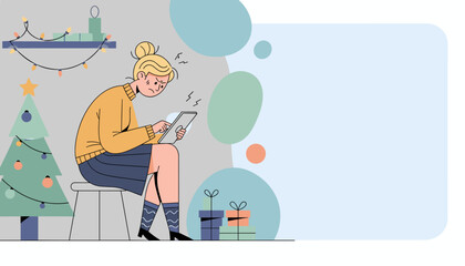 Stressed woman using a tablet near a Christmas tree Holiday shopping frustration