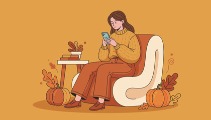 Autumn leisure Woman sitting in a chair scrolling her smartphone in a cozy fall interior