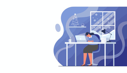 Stressed employee sleeping at desk during winter holidays Remote work burnout and overtime concept