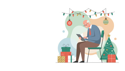 Senior man shopping online using a tablet near Christmas gifts and tree