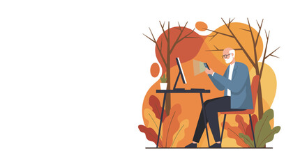 Senior man using smartphone and computer outside Remote work technology and nature