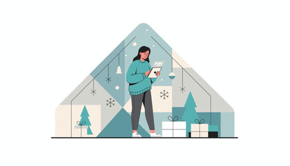 Digital Christmas planning Woman uses a tablet inside a festive modern winter house