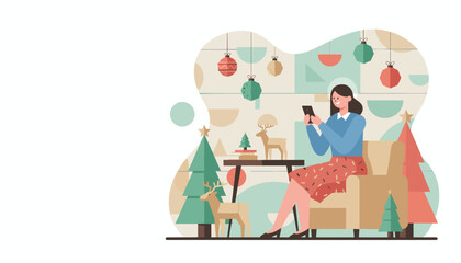 Happy woman texting in a stylish modern living room decorated for Christmas