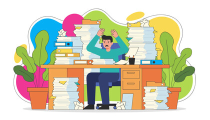 Overwhelmed employee buried under huge paperwork mountains Office stress workload and deadline concept