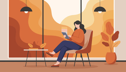 Woman using a tablet in a cozy modern room with warm fall colors Remote work technology or leisure