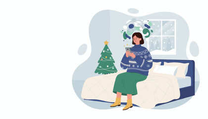 Woman using phone on bed during winter holidays with Christmas tree nearby