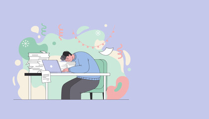 Burnout during the holidays Tired man sleeping on a mountain of work papers next to a laptop