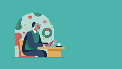 Senior working on laptop during holidays with coffee Remote work concept