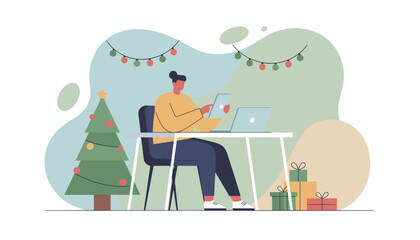 Managing digital tasks during the Christmas season Remote worker with laptop and festive decorations