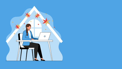 Successful remote work Businesswoman celebrates achievement using a laptop in a stylized home office