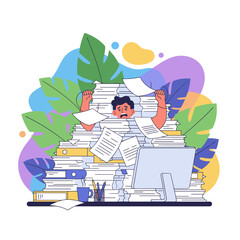 Overwhelmed businessman drowning in documents Stress workload burnout and deadline illustration