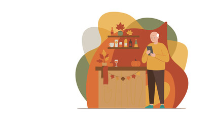 Elderly man checks smartphone near a cozy autumn home bar setup