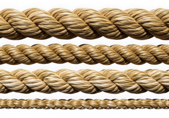 Close up of braided natural fiber ropes of varying thickness texture transparent background